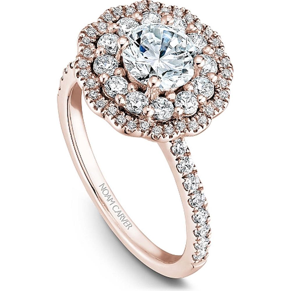 Round Cut Diamond Engagement Ring with Double Halo and Pavé Band in Rose Gold by Noam Carver<em> - Choose Your Center Diamond: 1 to 5 Carats, Sustainable Lab-Grown or Natural Earth-Mined</em>