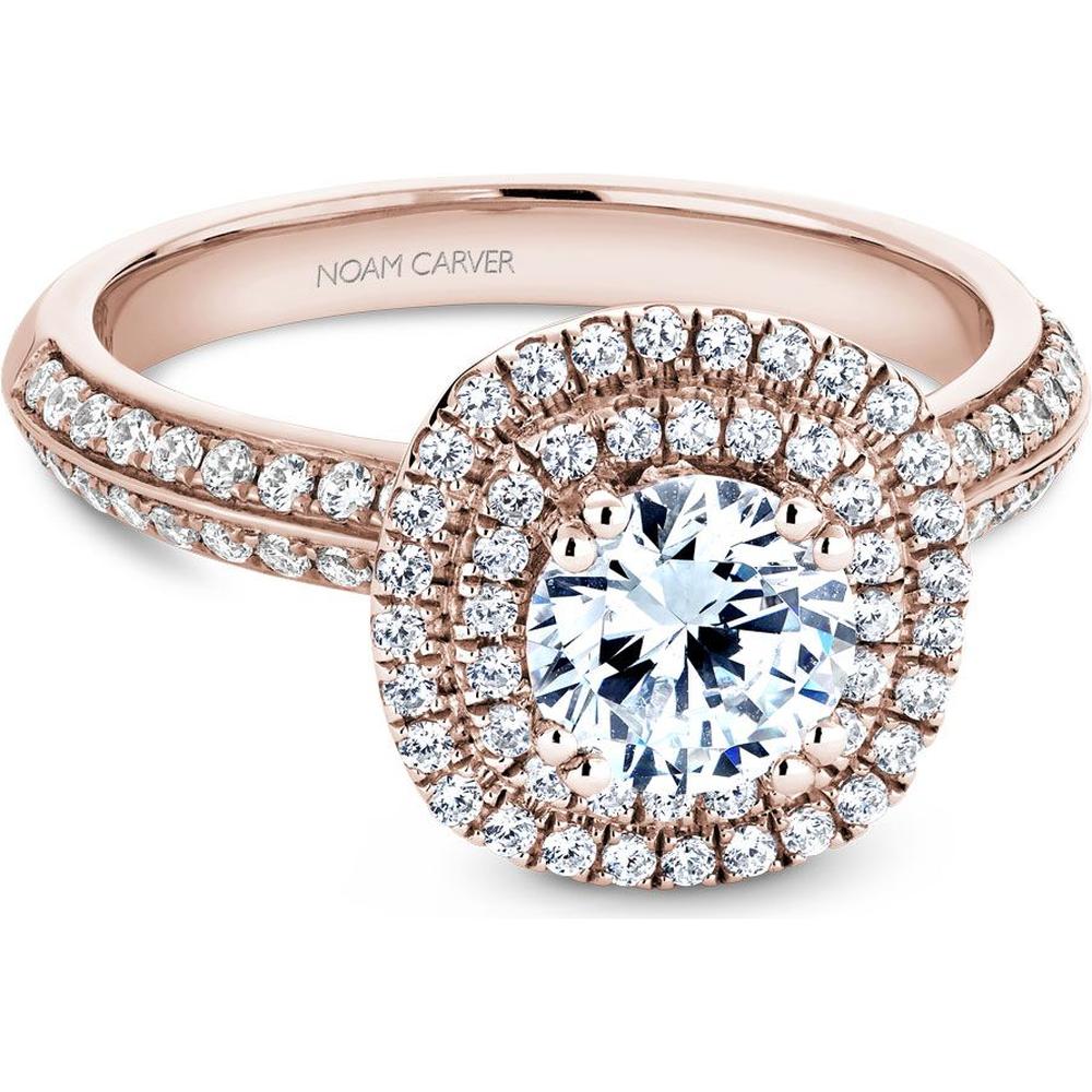 Round Cut Diamond Engagement Ring with Double Halo and Pavé Band in Rose Gold by Noam Carver<em> - Choose Your Center Diamond: 1 to 5 Carats, Sustainable Lab-Grown or Natural Earth-Mined</em>