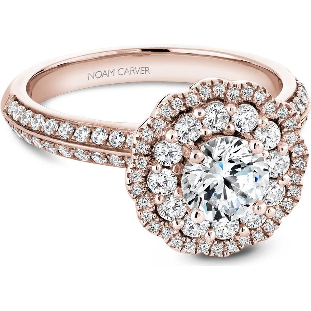 Round Cut Diamond Engagement Ring with Double Halo and Pavé Band in Rose Gold by Noam Carver<em> - Choose Your Center Diamond: 1 to 5 Carats, Sustainable Lab-Grown or Natural Earth-Mined</em>
