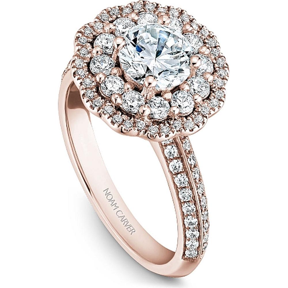 Round Cut Diamond Engagement Ring with Double Halo and Pavé Band in Rose Gold by Noam Carver<em> - Choose Your Center Diamond: 1 to 5 Carats, Sustainable Lab-Grown or Natural Earth-Mined</em>