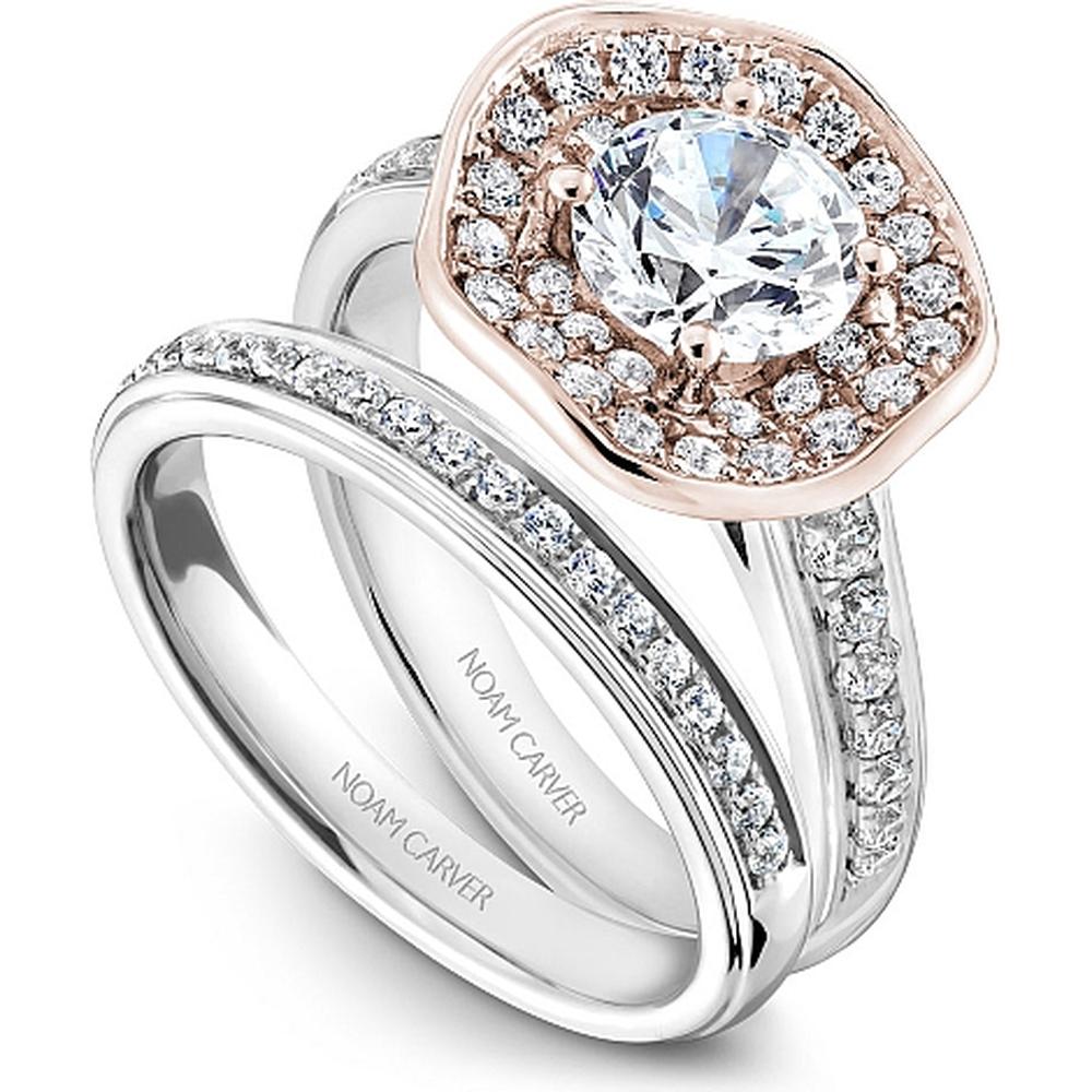 Round Cut Diamond Engagement Ring with Double Halo and Pav&eacute; Band in Two-Tone Gold by Noam Carver<em> - Choose Your Center Diamond: 1 to 5 Carats, Sustainable Lab-Grown or Natural Earth-Mined</em>