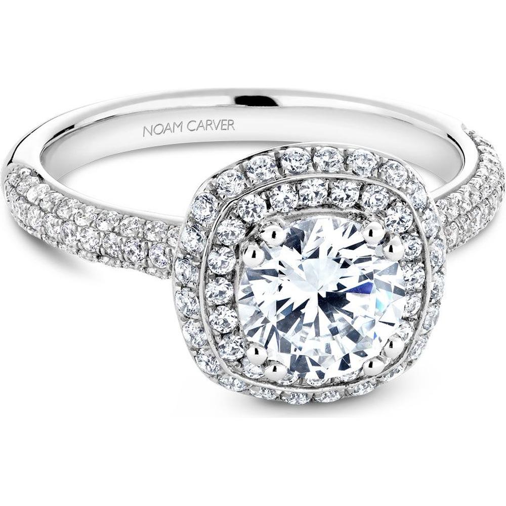 Round Cut Diamond Engagement Ring with Double Halo and Pavé Band in White Gold by Noam Carver<em> - Choose Your Center Diamond: 1 to 5 Carats, Sustainable Lab-Grown or Natural Earth-Mined</em>