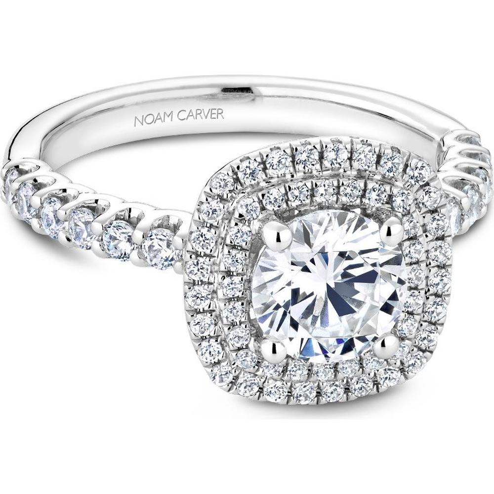 Round Cut Diamond Engagement Ring with Double Halo and Pavé Band in White Gold by Noam Carver<em> - Choose Your Center Diamond: 1 to 5 Carats, Sustainable Lab-Grown or Natural Earth-Mined</em>