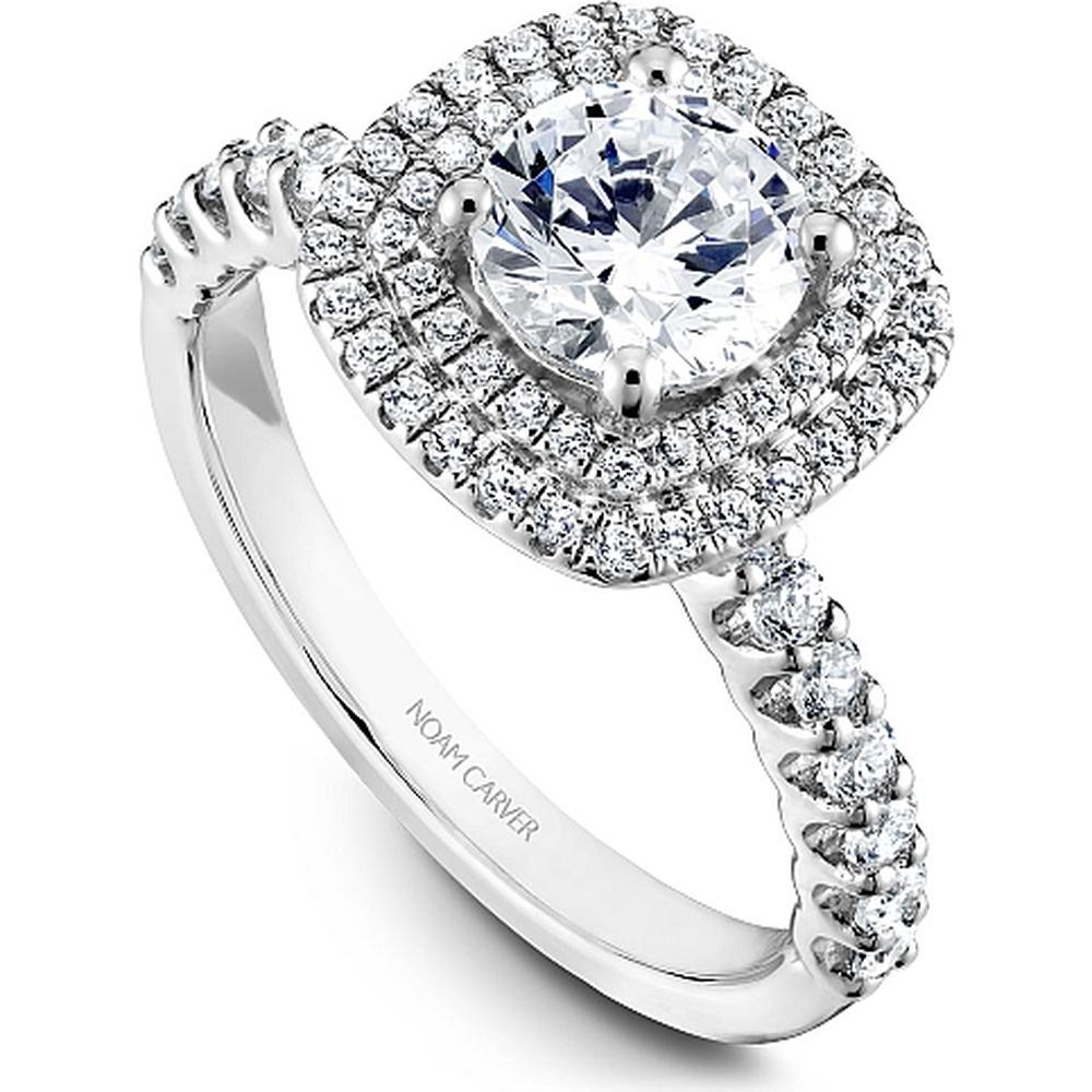 Round Cut Diamond Engagement Ring with Double Halo and Pavé Band in White Gold by Noam Carver<em> - Choose Your Center Diamond: 1 to 5 Carats, Sustainable Lab-Grown or Natural Earth-Mined</em>