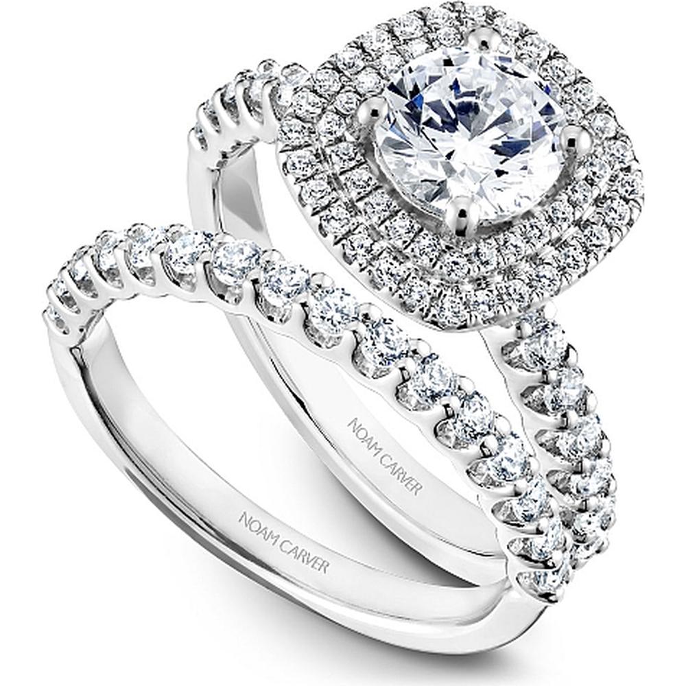 Round Cut Diamond Engagement Ring with Double Halo and Pavé Band in White Gold by Noam Carver<em> - Choose Your Center Diamond: 1 to 5 Carats, Sustainable Lab-Grown or Natural Earth-Mined</em>