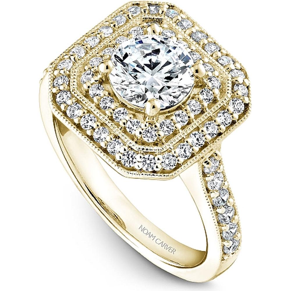 Round Cut Diamond Engagement Ring with Double Halo and Pavé Band in Yellow Gold by Noam Carver<em> - Choose Your Center Diamond: 1 to 5 Carats, Sustainable Lab-Grown or Natural Earth-Mined</em>