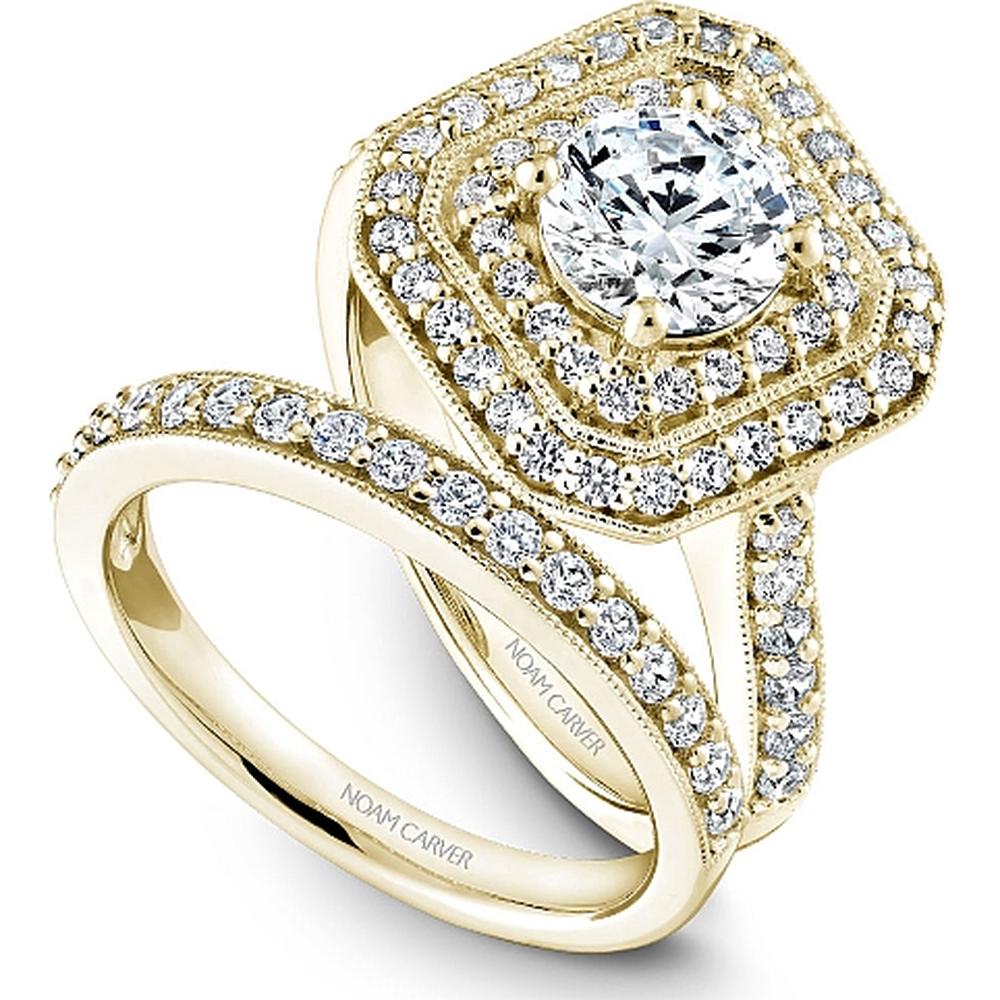 Round Cut Diamond Engagement Ring with Double Halo and Pavé Band in Yellow Gold by Noam Carver<em> - Choose Your Center Diamond: 1 to 5 Carats, Sustainable Lab-Grown or Natural Earth-Mined</em>