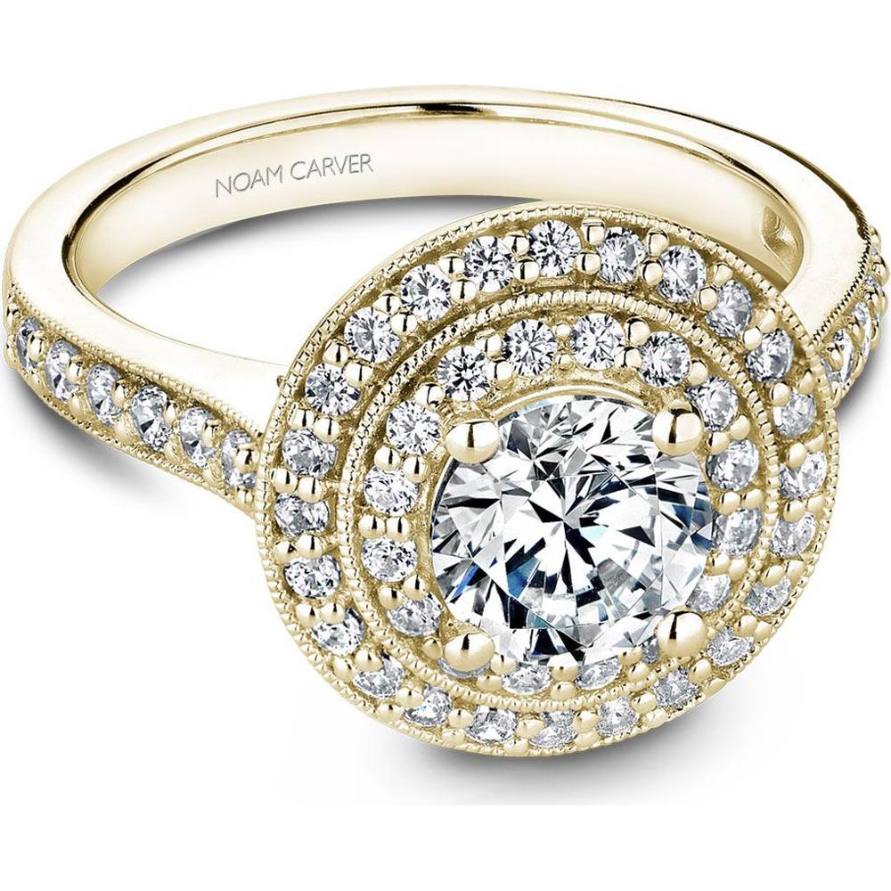 Round Cut Diamond Engagement Ring with Double Halo and Pavé Band in Yellow Gold by Noam Carver<em> - Choose Your Center Diamond: 1 to 5 Carats, Sustainable Lab-Grown or Natural Earth-Mined</em>