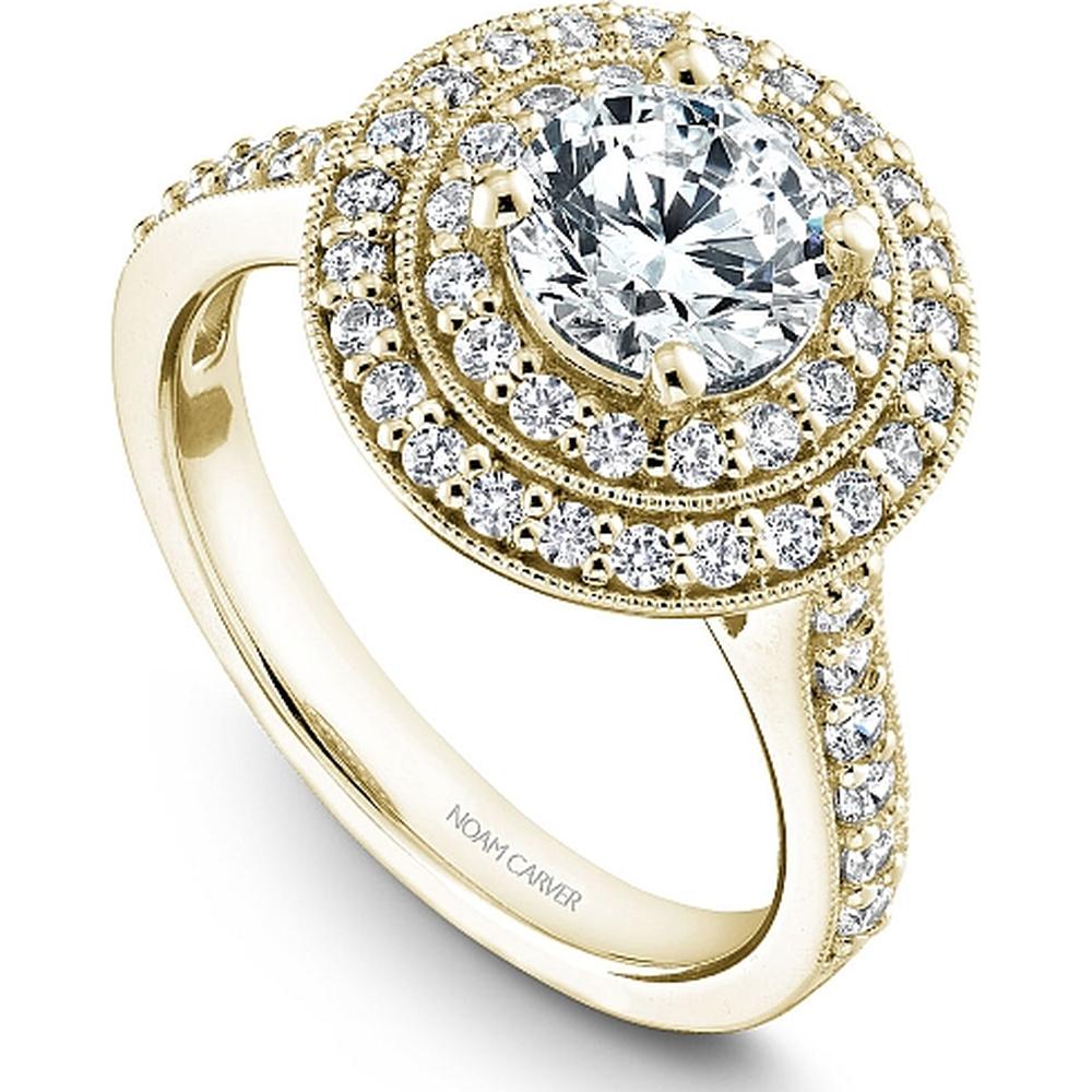 Round Cut Diamond Engagement Ring with Double Halo and Pavé Band in Yellow Gold by Noam Carver<em> - Choose Your Center Diamond: 1 to 5 Carats, Sustainable Lab-Grown or Natural Earth-Mined</em>