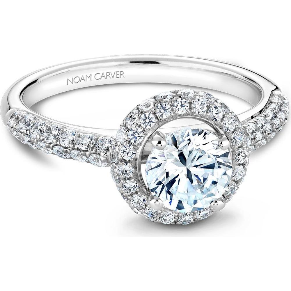 Round Cut Diamond Engagement Ring with Double Halo and Pavé-Set Band in White Gold by Noam Carver<em> - Choose Your Center Diamond: 1 to 5 Carats, Sustainable Lab-Grown or Natural Earth-Mined</em>