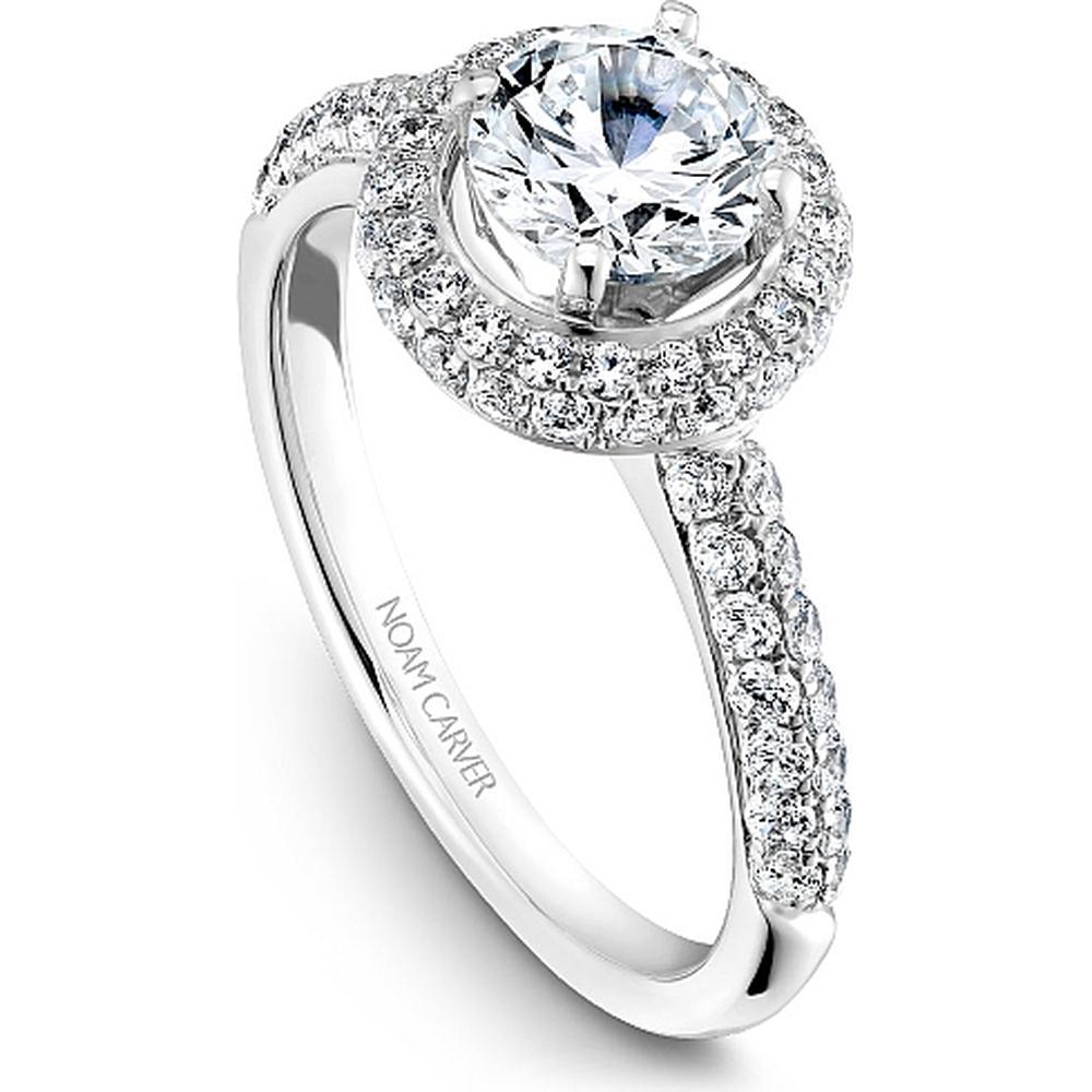 Round Cut Diamond Engagement Ring with Double Halo and Pavé-Set Band in White Gold by Noam Carver<em> - Choose Your Center Diamond: 1 to 5 Carats, Sustainable Lab-Grown or Natural Earth-Mined</em>