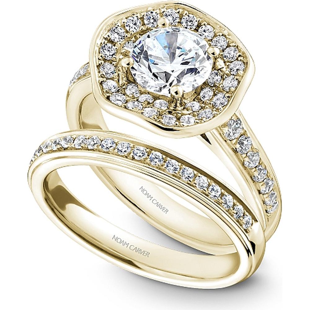 Round Cut Diamond Engagement Ring with Double Halo and Pav&eacute;-Set Band in Yellow Gold by Noam Carver<em> - Choose Your Center Diamond: 1 to 5 Carats, Sustainable Lab-Grown or Natural Earth-Mined</em>