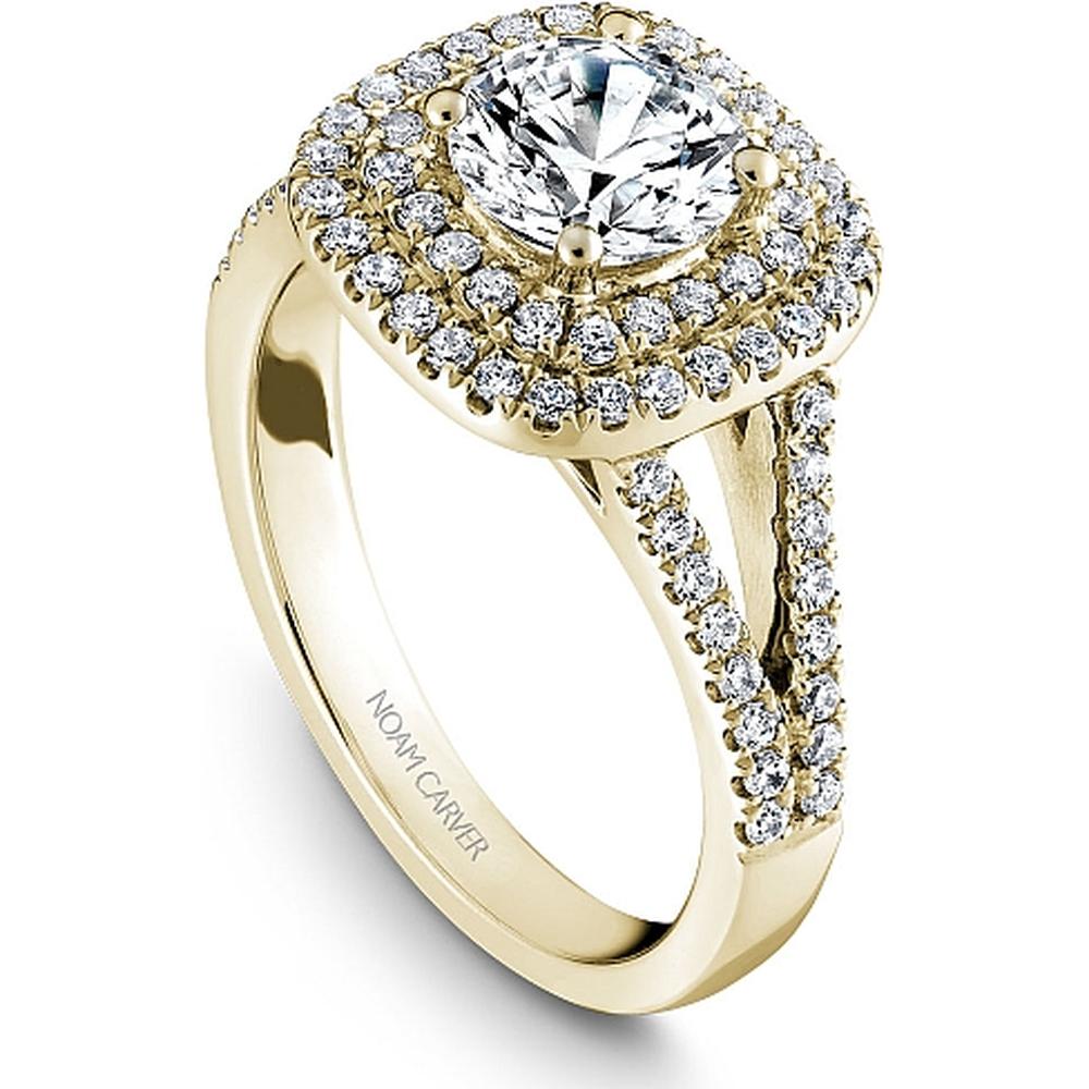 Round Cut Diamond Engagement Ring with Double Halo and Split Shank in Yellow Gold by Noam Carver<em> - Choose Your Center Diamond: 1 to 5 Carats, Sustainable Lab-Grown or Natural Earth-Mined</em>