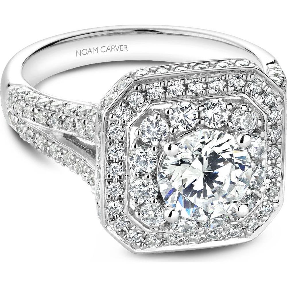 Round Cut Diamond Engagement Ring with Double Halo, Milgrain Detail, and Pavé Band in White Gold by Noam Carver<em> - Choose Your Center Diamond: 1 to 5 Carats, Sustainable Lab-Grown or Natural Earth-Mined</em>
