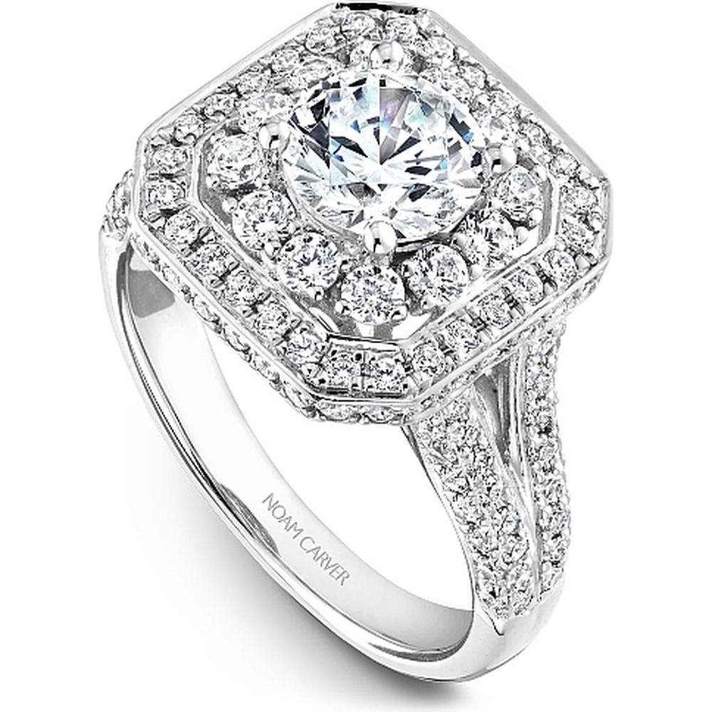 Round Cut Diamond Engagement Ring with Double Halo, Milgrain Detail, and Pavé Band in White Gold by Noam Carver<em> - Choose Your Center Diamond: 1 to 5 Carats, Sustainable Lab-Grown or Natural Earth-Mined</em>