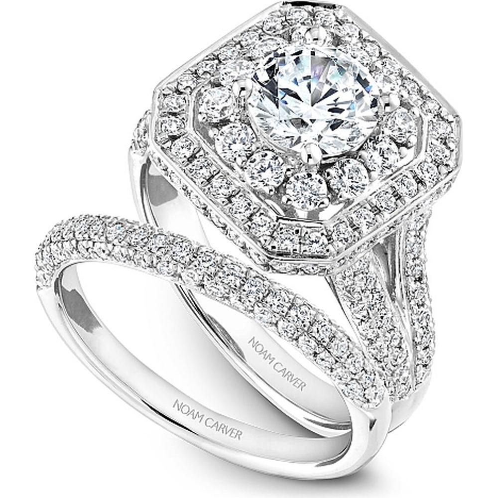 Round Cut Diamond Engagement Ring with Double Halo, Milgrain Detail, and Pavé Band in White Gold by Noam Carver<em> - Choose Your Center Diamond: 1 to 5 Carats, Sustainable Lab-Grown or Natural Earth-Mined</em>