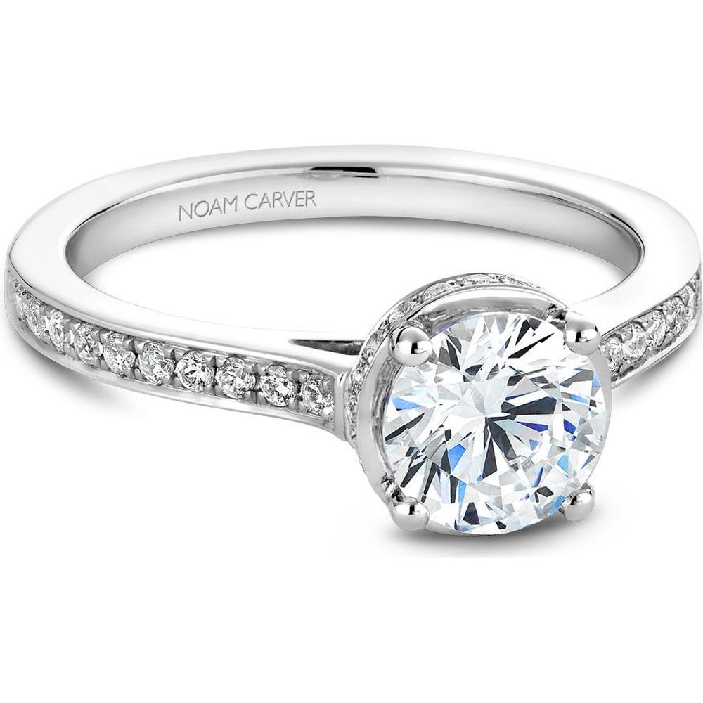 Round Cut Diamond Engagement Ring with Edge Halo and Pavé Band in White Gold by Noam Carver<em> - Choose Your Center Diamond: 1 to 5 Carats, Sustainable Lab-Grown or Natural Earth-Mined</em>