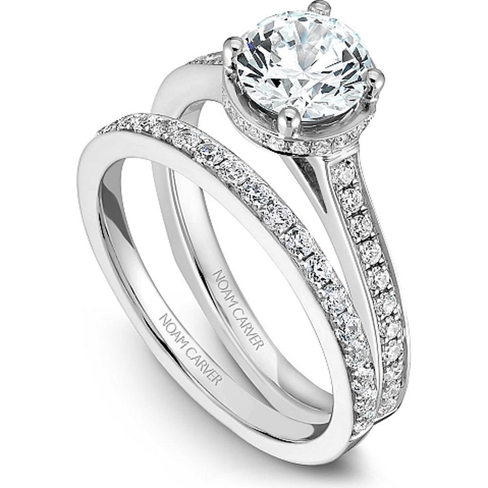 Round Cut Diamond Engagement Ring with Edge Halo and Pavé Band in White Gold by Noam Carver<em> - Choose Your Center Diamond: 1 to 5 Carats, Sustainable Lab-Grown or Natural Earth-Mined</em>