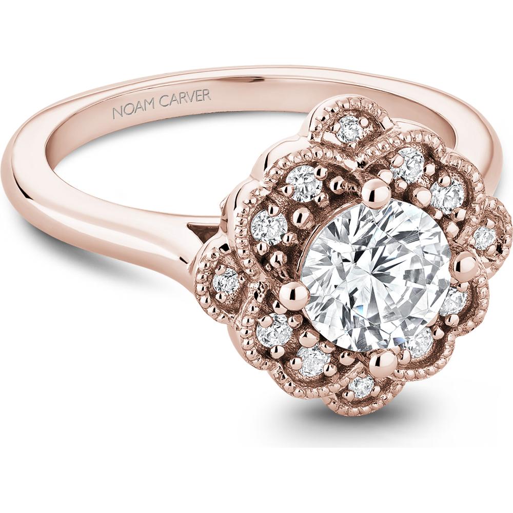 Round Cut Diamond Engagement Ring with Floral Halo and Four-Prong Setting in Rose Gold by Noam Carver<em> - Choose Your Center Diamond: 1 to 5 Carats, Sustainable Lab-Grown or Natural Earth-Mined</em>