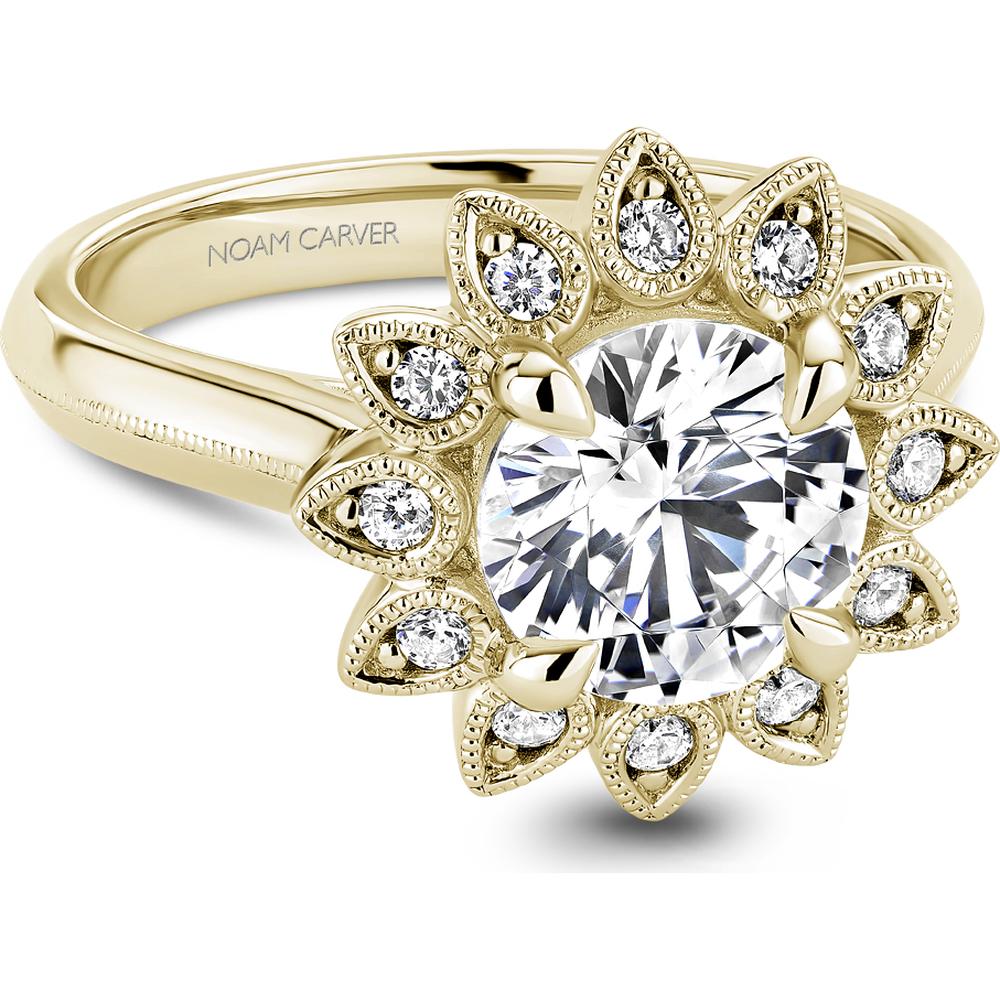 Round Cut Diamond Engagement Ring with Floral Halo and Milgrain Detail in Yellow Gold by Noam Carver<em> - Choose Your Center Diamond: 1 to 5 Carats, Sustainable Lab-Grown or Natural Earth-Mined</em>