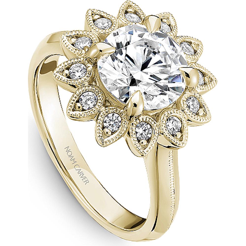 Round Cut Diamond Engagement Ring with Floral Halo and Milgrain Detail in Yellow Gold by Noam Carver<em> - Choose Your Center Diamond: 1 to 5 Carats, Sustainable Lab-Grown or Natural Earth-Mined</em>