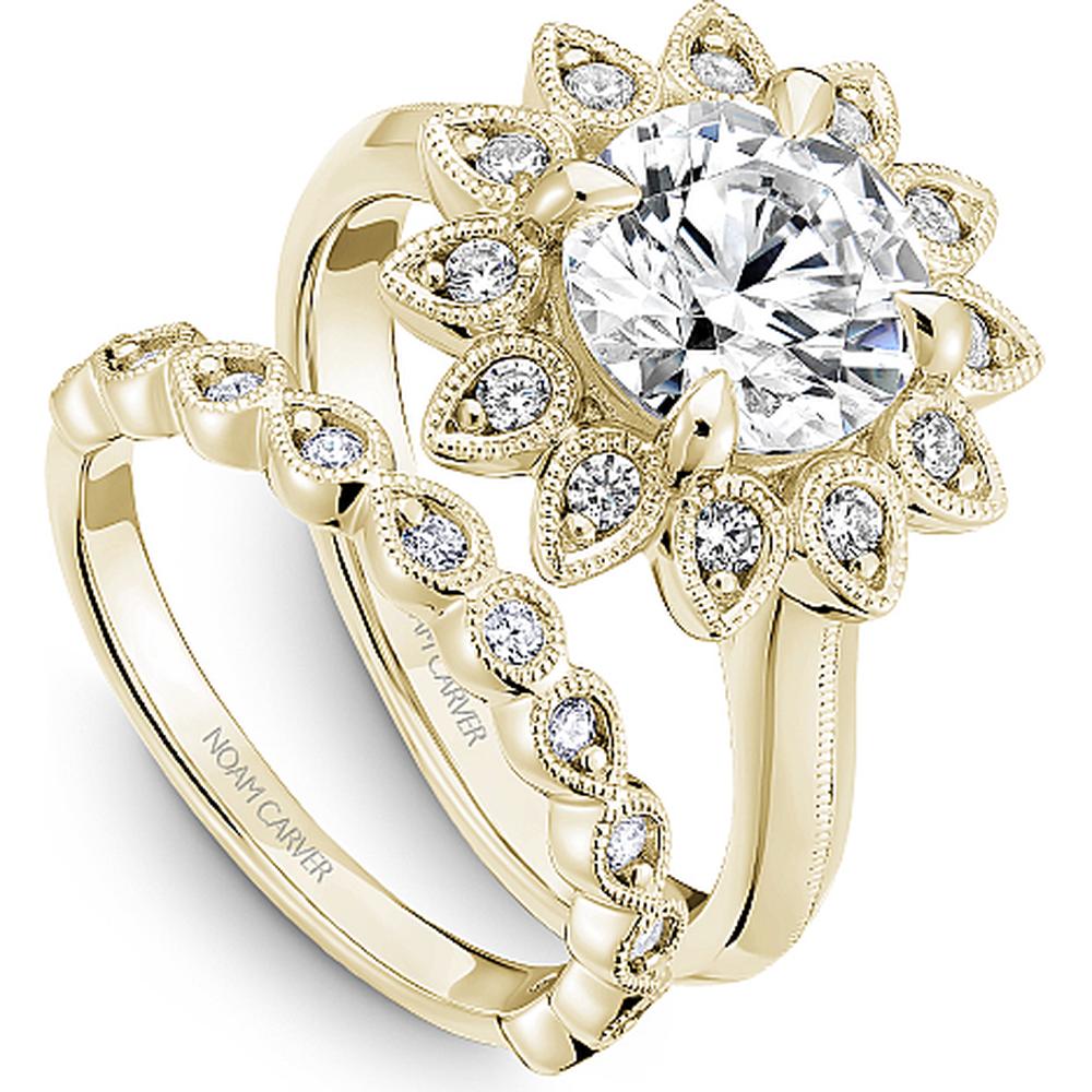 Round Cut Diamond Engagement Ring with Floral Halo and Milgrain Detail in Yellow Gold by Noam Carver<em> - Choose Your Center Diamond: 1 to 5 Carats, Sustainable Lab-Grown or Natural Earth-Mined</em>