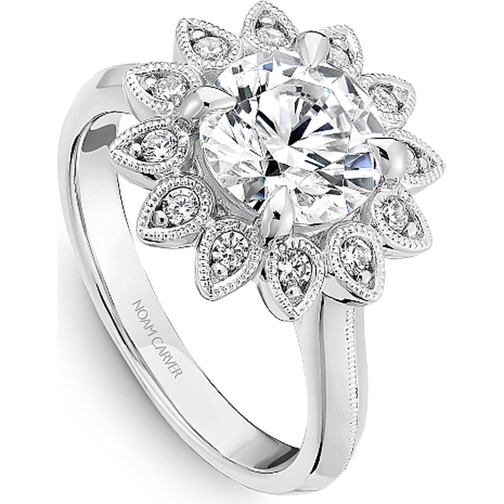 Round Cut Diamond Engagement Ring with Floral Halo and Milgrain Detailing in White Gold by Noam Carver<em> - Choose Your Center Diamond: 1 to 5 Carats, Sustainable Lab-Grown or Natural Earth-Mined</em>