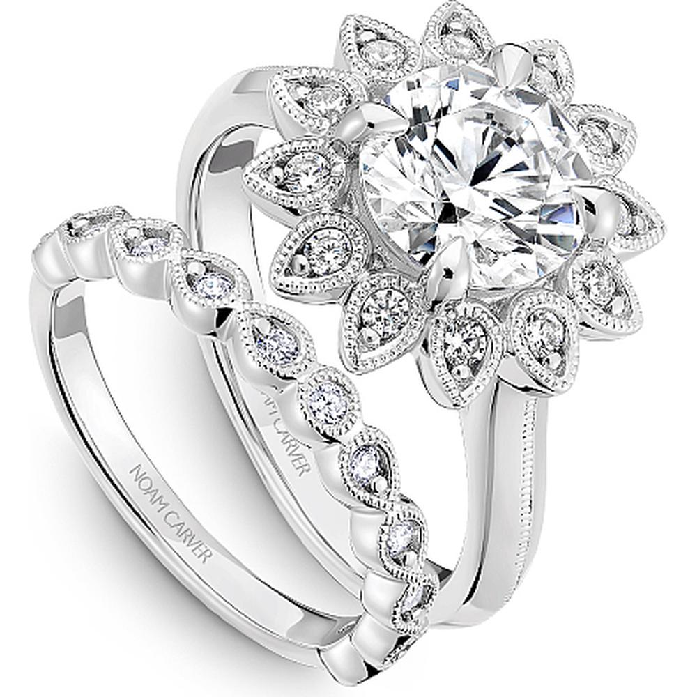 Round Cut Diamond Engagement Ring with Floral Halo and Milgrain Detailing in White Gold by Noam Carver<em> - Choose Your Center Diamond: 1 to 5 Carats, Sustainable Lab-Grown or Natural Earth-Mined</em>