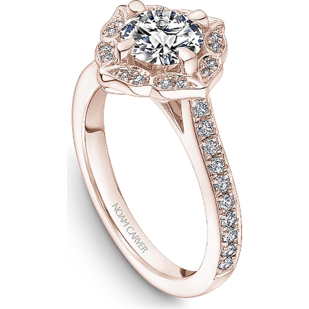 Round Cut Diamond Engagement Ring with Floral Halo and Pave Band in Rose Gold by Noam Carver<em> - Choose Your Center Diamond: 1 to 5 Carats, Sustainable Lab-Grown or Natural Earth-Mined</em>