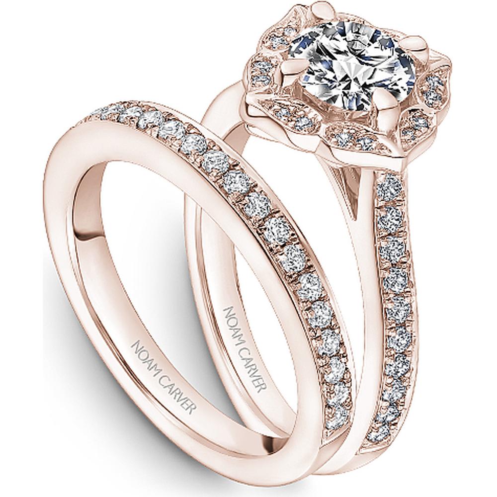 Round Cut Diamond Engagement Ring with Floral Halo and Pave Band in Rose Gold by Noam Carver<em> - Choose Your Center Diamond: 1 to 5 Carats, Sustainable Lab-Grown or Natural Earth-Mined</em>
