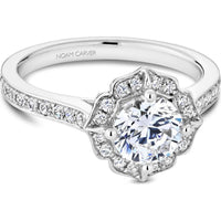 Round Cut Diamond Engagement Ring with Floral Halo and Pavé Band in White Gold by Noam Carver<em> - Choose Your Center Diamond: 1 to 5 Carats, Sustainable Lab-Grown or Natural Earth-Mined</em>