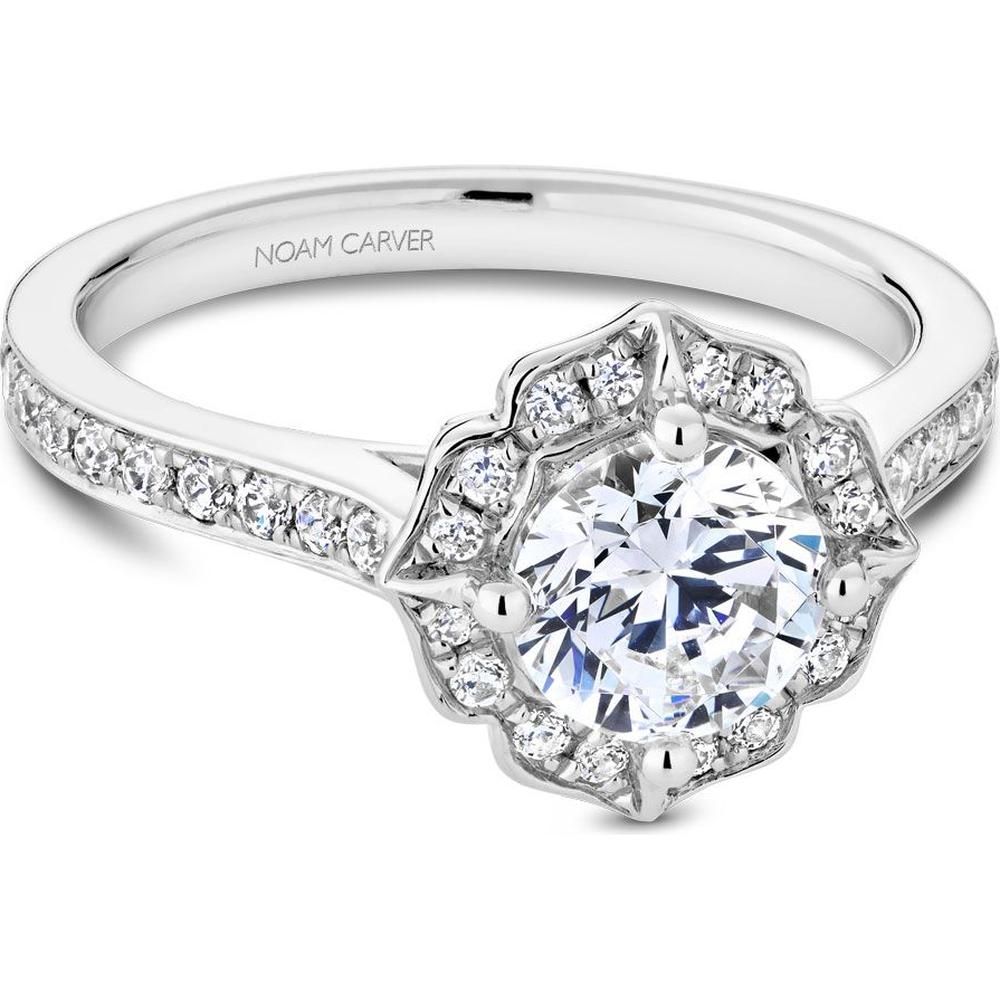 Round Cut Diamond Engagement Ring with Floral Halo and Pavé Band in White Gold by Noam Carver<em> - Choose Your Center Diamond: 1 to 5 Carats, Sustainable Lab-Grown or Natural Earth-Mined</em>