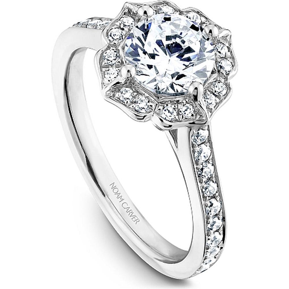 Round Cut Diamond Engagement Ring with Floral Halo and Pavé Band in White Gold by Noam Carver<em> - Choose Your Center Diamond: 1 to 5 Carats, Sustainable Lab-Grown or Natural Earth-Mined</em>