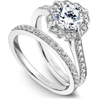 Round Cut Diamond Engagement Ring with Floral Halo and Pavé Band in White Gold by Noam Carver<em> - Choose Your Center Diamond: 1 to 5 Carats, Sustainable Lab-Grown or Natural Earth-Mined</em>