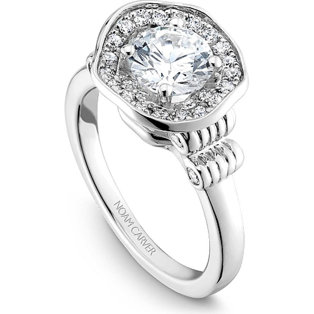 Round Cut Diamond Engagement Ring with Floral Halo and Rolling Band in White Gold by Noam Carver<em> - Choose Your Center Diamond: 1 to 5 Carats, Sustainable Lab-Grown or Natural Earth-Mined</em>