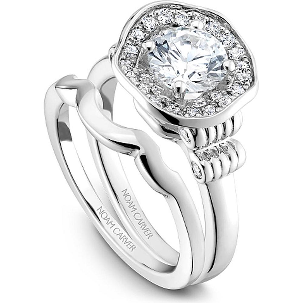 Round Cut Diamond Engagement Ring with Floral Halo and Rolling Band in White Gold by Noam Carver<em> - Choose Your Center Diamond: 1 to 5 Carats, Sustainable Lab-Grown or Natural Earth-Mined</em>