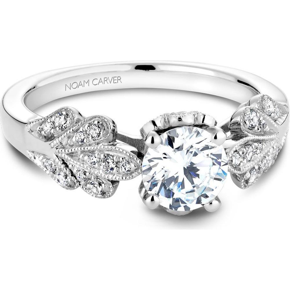 Round Cut Diamond Engagement Ring with Floral Motifs and Milgrain Detail in White Gold by Noam Carver<em> - Choose Your Center Diamond: 1 to 5 Carats, Sustainable Lab-Grown or Natural Earth-Mined</em>