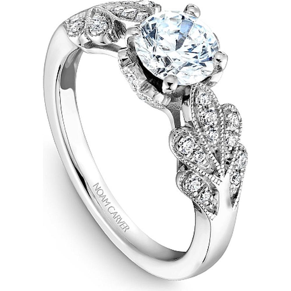 Round Cut Diamond Engagement Ring with Floral Motifs and Milgrain Detail in White Gold by Noam Carver<em> - Choose Your Center Diamond: 1 to 5 Carats, Sustainable Lab-Grown or Natural Earth-Mined</em>