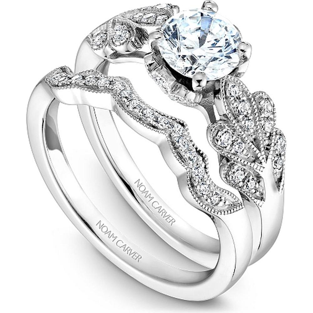 Round Cut Diamond Engagement Ring with Floral Motifs and Milgrain Detail in White Gold by Noam Carver<em> - Choose Your Center Diamond: 1 to 5 Carats, Sustainable Lab-Grown or Natural Earth-Mined</em>