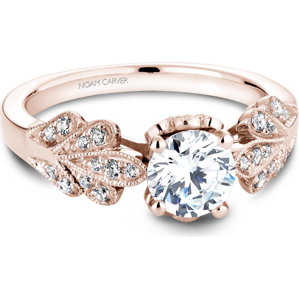 Round Cut Diamond Engagement Ring with Floral Motifs and Pavé Band in Rose Gold by Noam Carver<em> - Choose Your Center Diamond: 1 to 5 Carats, Sustainable Lab-Grown or Natural Earth-Mined</em>
