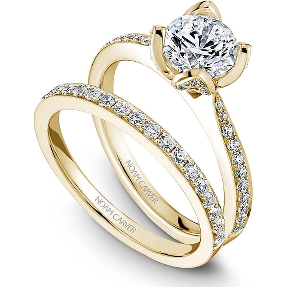 Round Cut Diamond Engagement Ring with Floral Pav&eacute; Band in Yellow Gold by Noam Carver<em> - Choose Your Center Diamond: 1 to 5 Carats, Sustainable Lab-Grown or Natural Earth-Mined</em>
