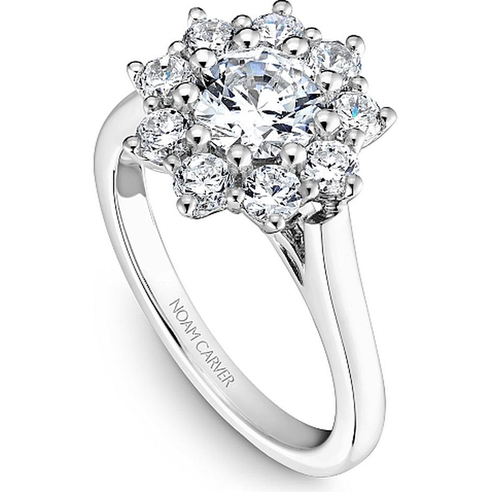 Round Cut Diamond Engagement Ring with Flower Halo and Filigree Band in White Gold by Noam Carver<em> - Choose Your Center Diamond: 1 to 5 Carats, Sustainable Lab-Grown or Natural Earth-Mined</em>