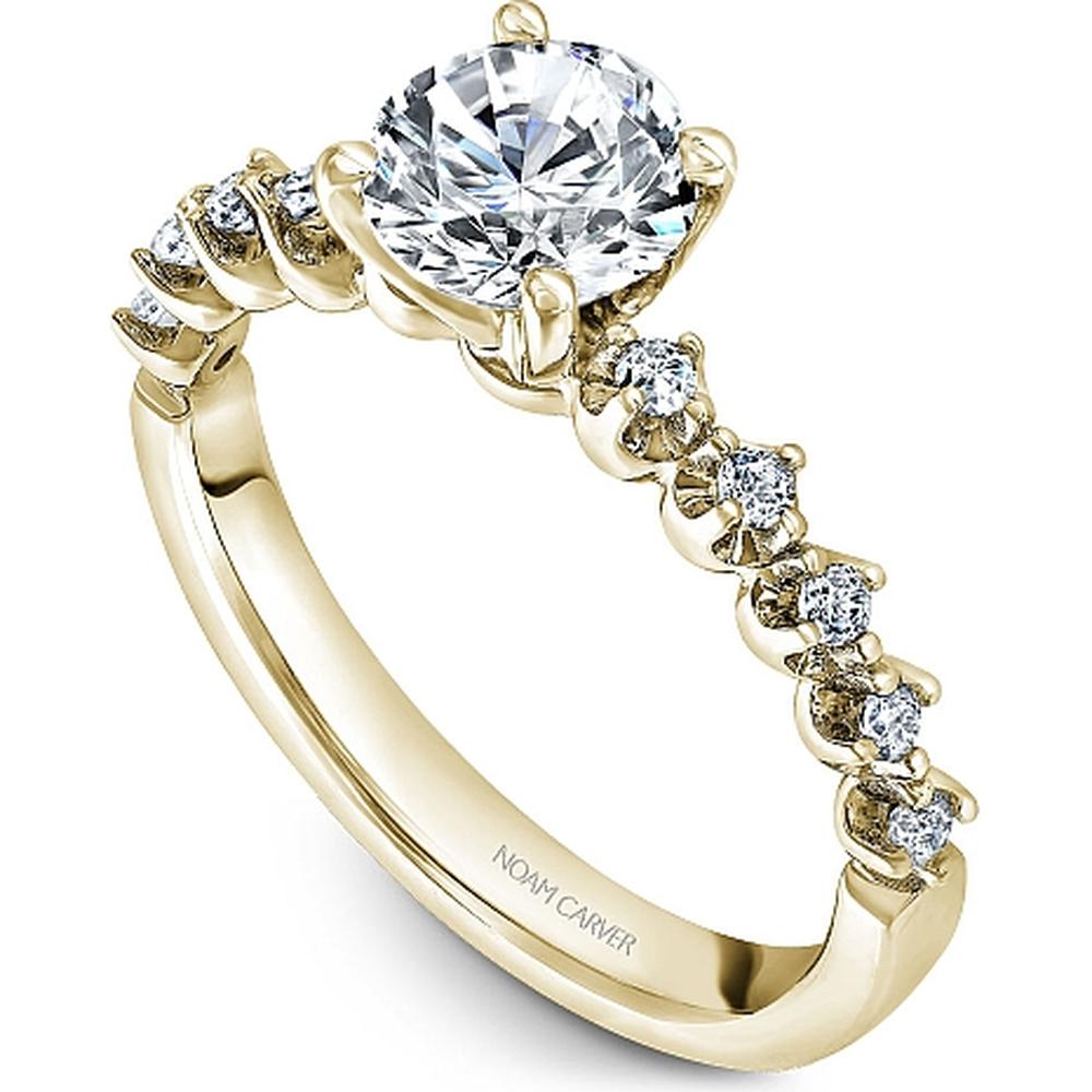 Round Cut Diamond Engagement Ring with Four-Prong Setting and Diamond Band in Yellow Gold by Noam Carver<em> - Choose Your Center Diamond: 1 to 5 Carats, Sustainable Lab-Grown or Natural Earth-Mined</em>