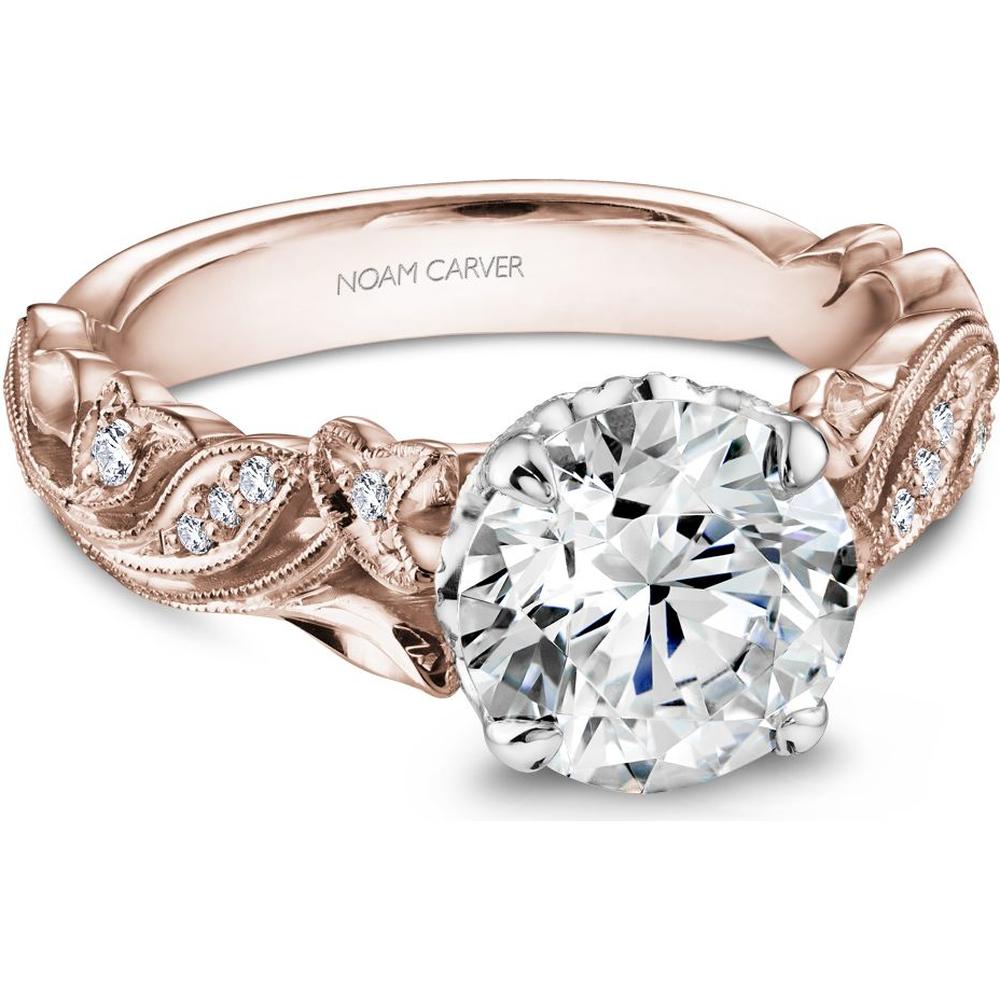 Round Cut Diamond Engagement Ring with Four-Prong Setting and Milgrain Pavé Band in Rose Gold by Noam Carver<em> - Choose Your Center Diamond: 1 to 5 Carats, Sustainable Lab-Grown or Natural Earth-Mined</em>