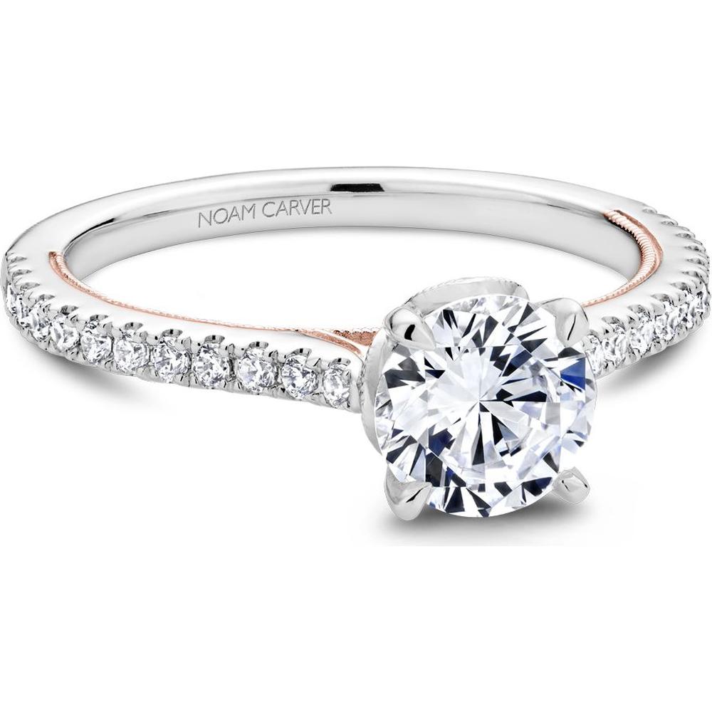 Round Cut Diamond Engagement Ring with Four-Prong Setting and Pavé Band in White and Rose Gold by Noam Carver<em> - Choose Your Center Diamond: 1 to 5 Carats, Sustainable Lab-Grown or Natural Earth-Mined</em>