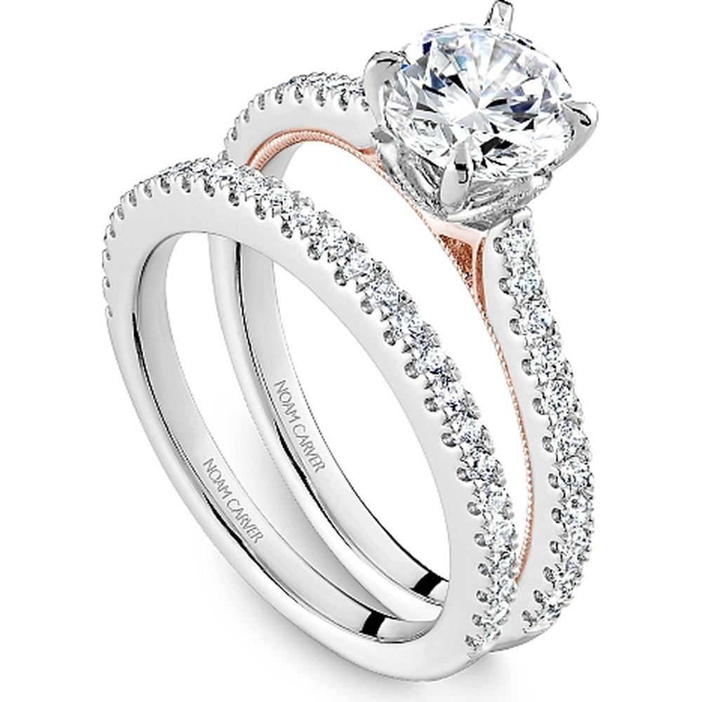 Round Cut Diamond Engagement Ring with Four-Prong Setting and Pavé Band in White and Rose Gold by Noam Carver<em> - Choose Your Center Diamond: 1 to 5 Carats, Sustainable Lab-Grown or Natural Earth-Mined</em>
