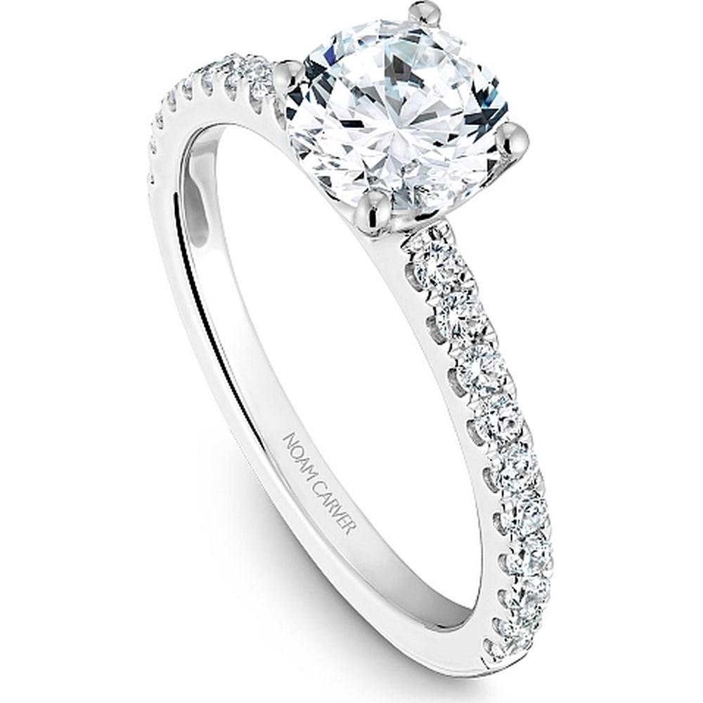 Round Cut Diamond Engagement Ring with Four-Prong Setting and Pavé Band in White Gold by Noam Carver<em> - Choose Your Center Diamond: 1 to 5 Carats, Sustainable Lab-Grown or Natural Earth-Mined</em>