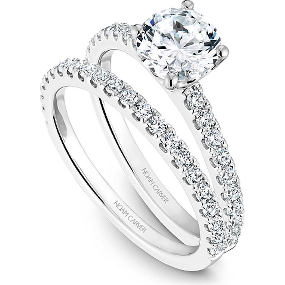 Round Cut Diamond Engagement Ring with Four-Prong Setting and Pavé Band in White Gold by Noam Carver<em> - Choose Your Center Diamond: 1 to 5 Carats, Sustainable Lab-Grown or Natural Earth-Mined</em>