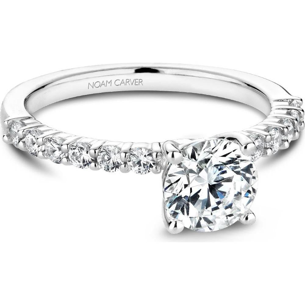 Round Cut Diamond Engagement Ring with Four-Prong Setting and Pavé Band in White Gold by Noam Carver<em> - Choose Your Center Diamond: 1 to 5 Carats, Sustainable Lab-Grown or Natural Earth-Mined</em>