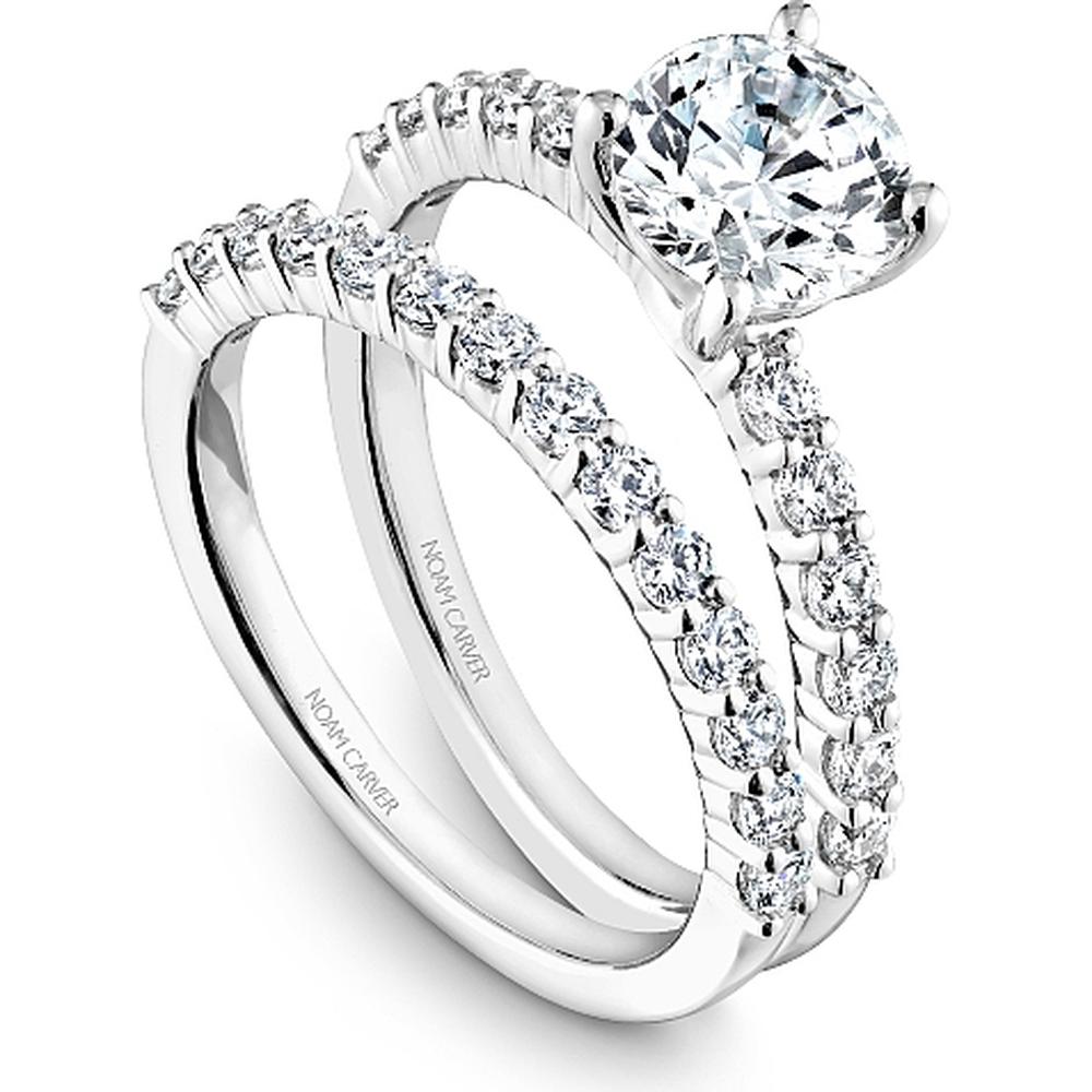 Round Cut Diamond Engagement Ring with Four-Prong Setting and Pavé Band in White Gold by Noam Carver<em> - Choose Your Center Diamond: 1 to 5 Carats, Sustainable Lab-Grown or Natural Earth-Mined</em>